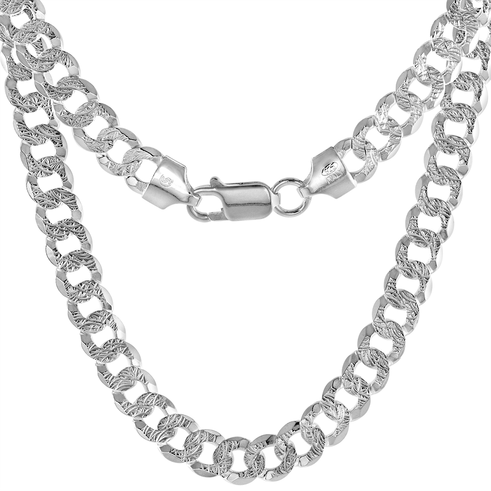 STERLING SILVER 7MM FLAT CURB PAVE CUBAN CHAIN NECKLACES & BRACELETS FOR MEN AND WOMEN DIAMOND CUT NICKEL FREE ITALY 24 INCH