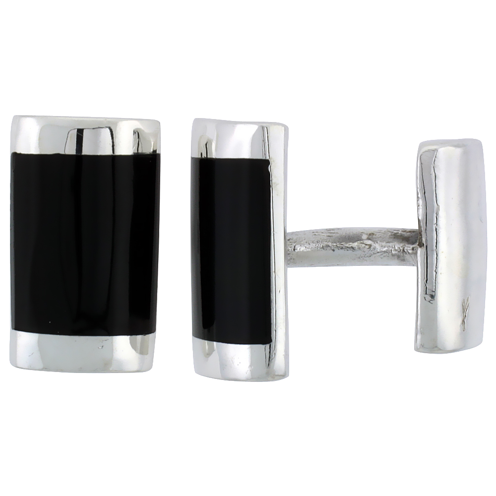Sterling Silver Black Rectangular Cufflinks, 7/16 inch wide