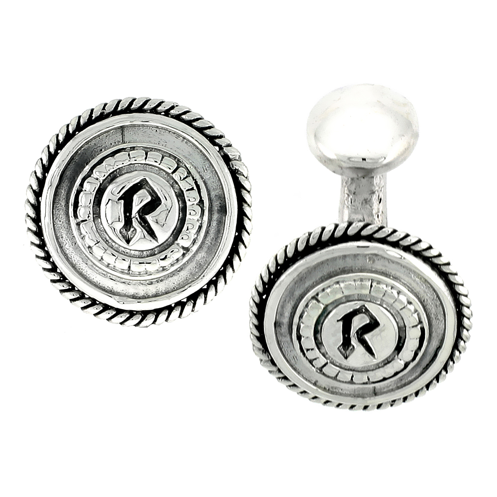 Sterling Silver Initial R Round Cufflinks, 11/16 inch wide