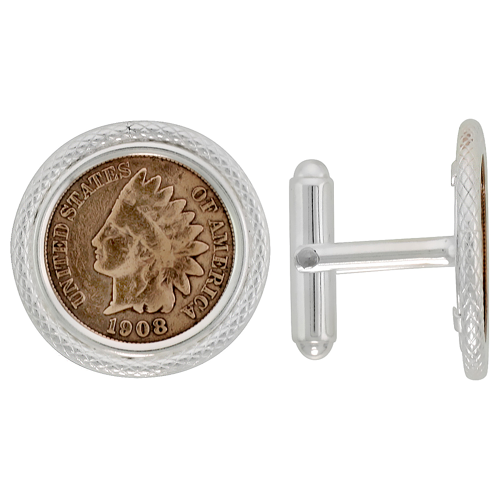 Sterling Silver Indian Head Cent (1859 - 1909) Coin Cufflinks Prong Back Pipe Bezel w/ Gift Box