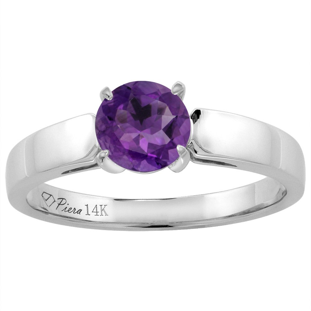 14K White Gold Natural Amethyst Solitaire Engagement Ring Round 7 mm, sizes 5-10