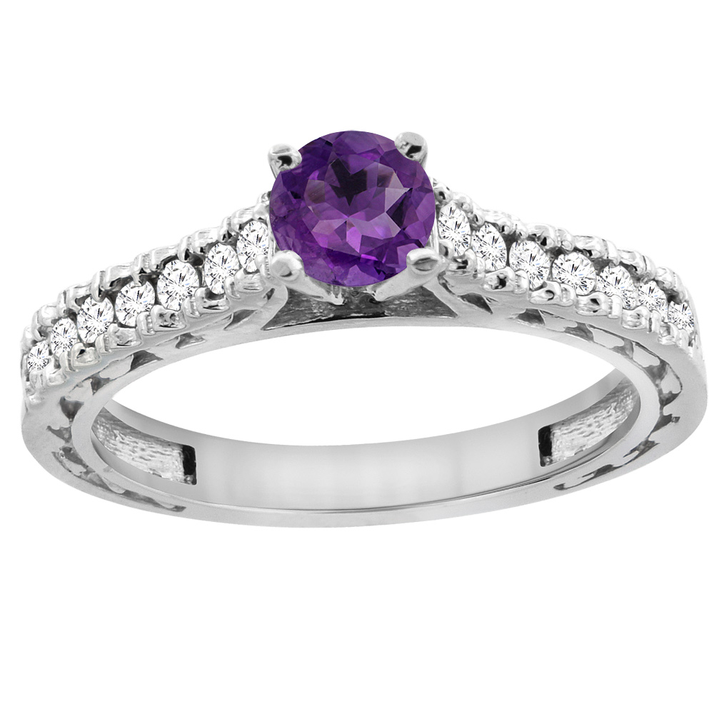 14K White Gold Natural Amethyst Round 5mm Engraved Engagement Ring Diamond Accents, sizes 5 - 10