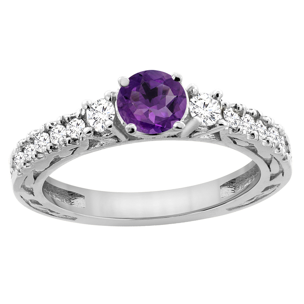 14K White Gold Natural Amethyst Round 6mm Engraved Engagement Ring Diamond Accents, sizes 5 - 10