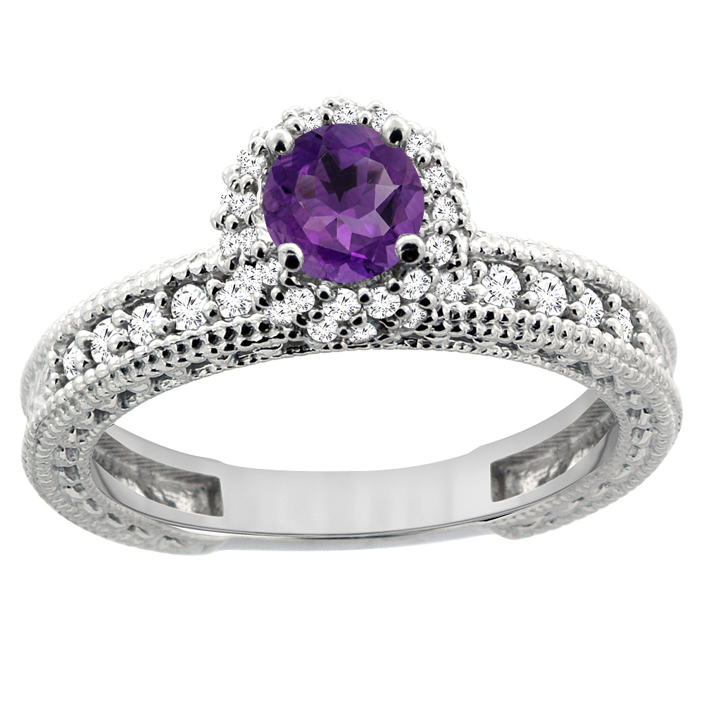 14K White Gold Natural Amethyst Round 5mm Engagement Ring Diamond Accents, sizes 5 - 10