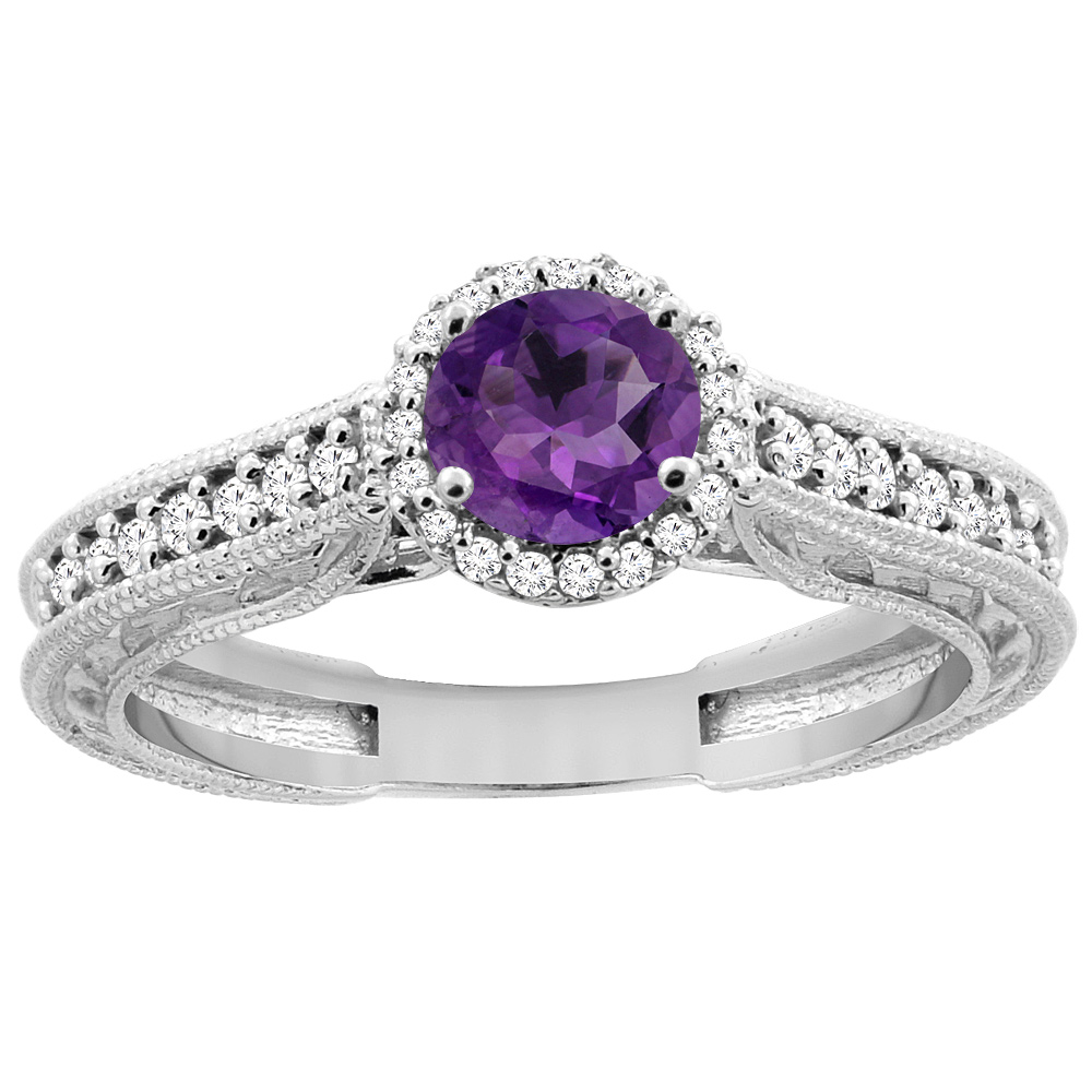14K White Gold Natural Amethyst Round 5mm Engraved Engagement Ring Diamond Accents, sizes 5 - 10