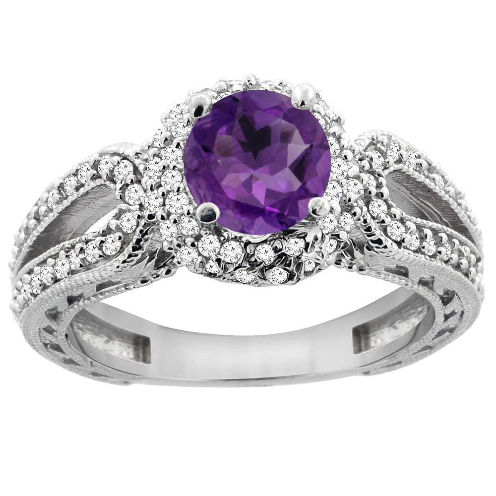14K White Gold Natural Amethyst Engagement Ring Round 6mm Engraved Split Shank Diamond Accents, sizes 5 - 10
