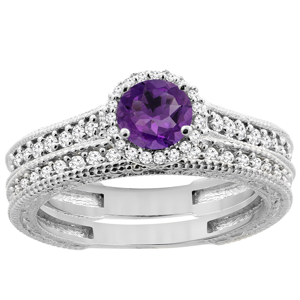 14K White Gold Natural Amethyst Round 5mm Engagement Ring 2-piece Set Diamond Accents, sizes 5 - 10