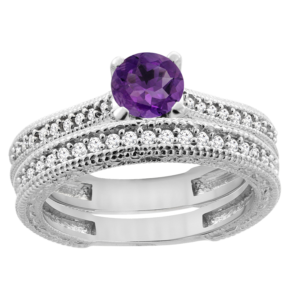 14K White Gold Natural Amethyst Round 5mm Engraved Engagement Ring 2-piece Set Diamond Accents, sizes 5 - 10
