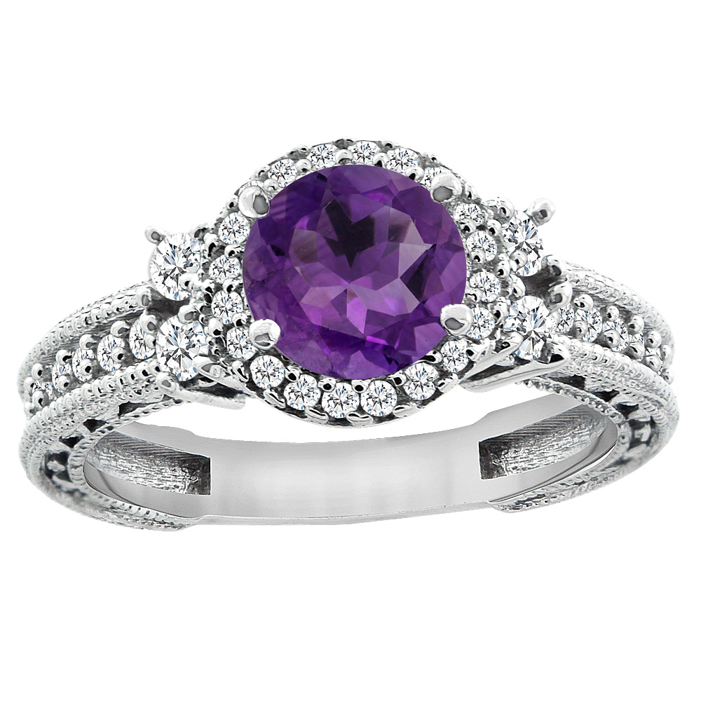 14K White Gold Natural Amethyst Halo Engagement Ring Round 6mm Diamond Accents, sizes 5 - 10