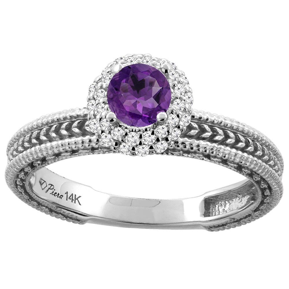 14K Yellow Gold Natural Amethyst & Diamond Engagement Ring Round 5 mm, sizes 5-10