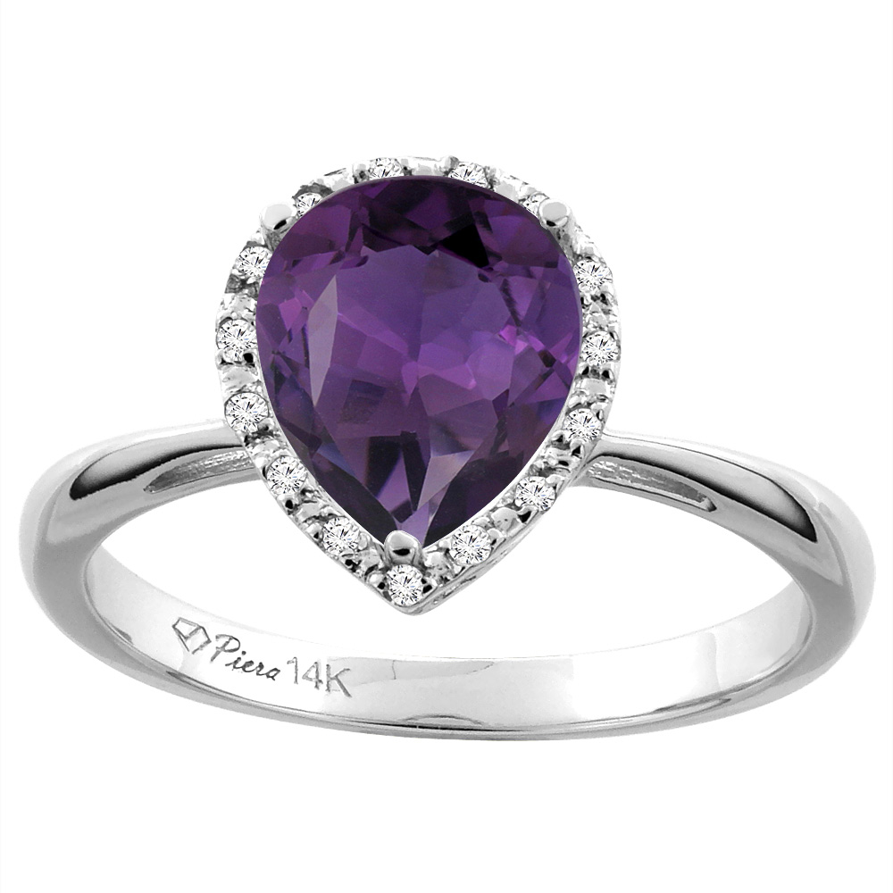 14K Yellow Gold Natural Amethyst & Diamond Halo Engagement Ring Pear Shape 9x7 mm, sizes 5-10