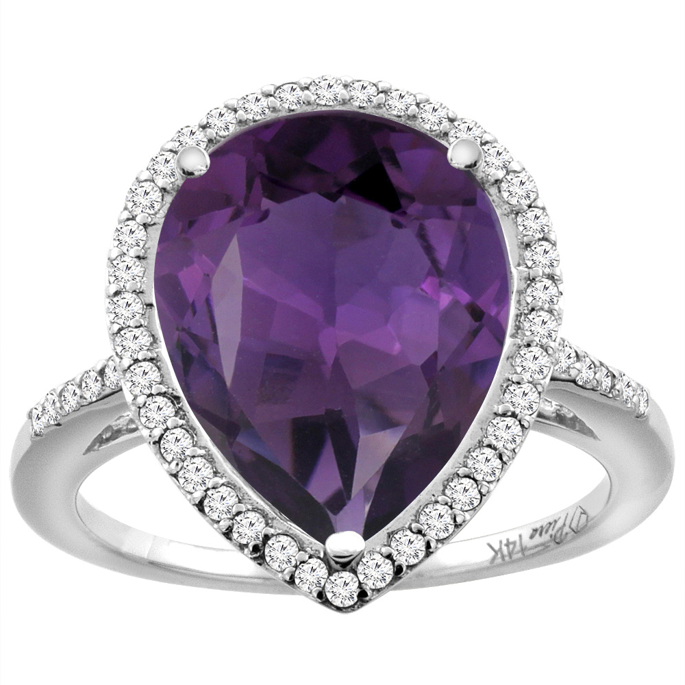 14K White Gold Natural Amethyst &amp; Diamond Engagement Ring Ring Pear Cut 16x12 mm, sizes 5-10