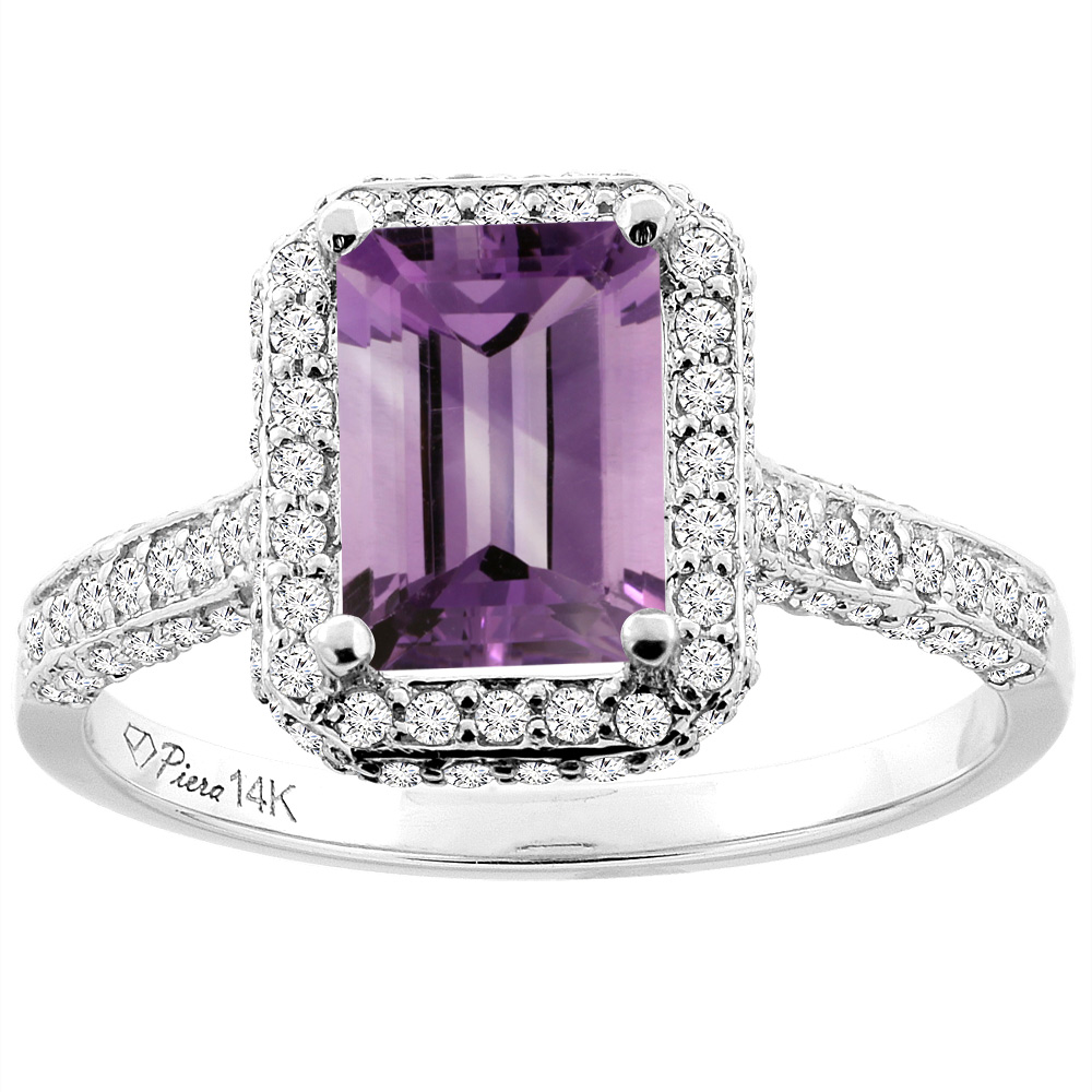 14K White Gold Natural Amethyst Engagement Ring Octagon 8x6 mm, sizes 5-10
