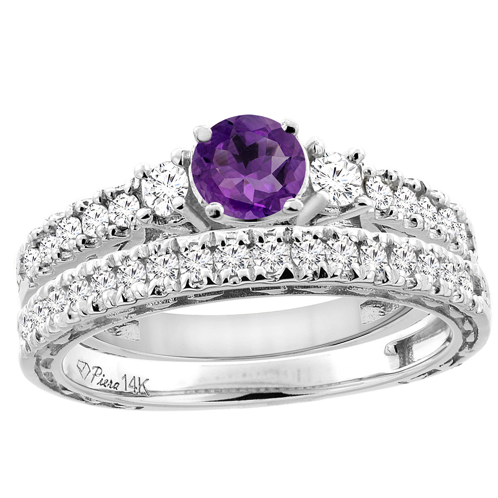 14K Yellow Gold Diamond Natural Amethyst Engagement 2-pc Ring Set Engraved Round 6 mm, sizes 5 - 10