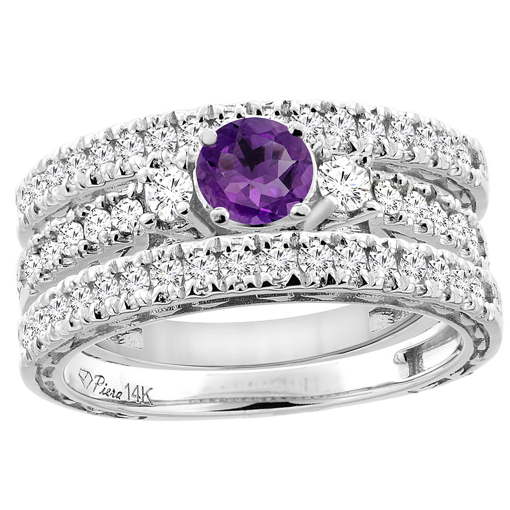 14K Yellow Gold Diamond Natural Amethyst Engagement 3-pc Ring Set Engraved Round 6 mm, sizes 5 - 10