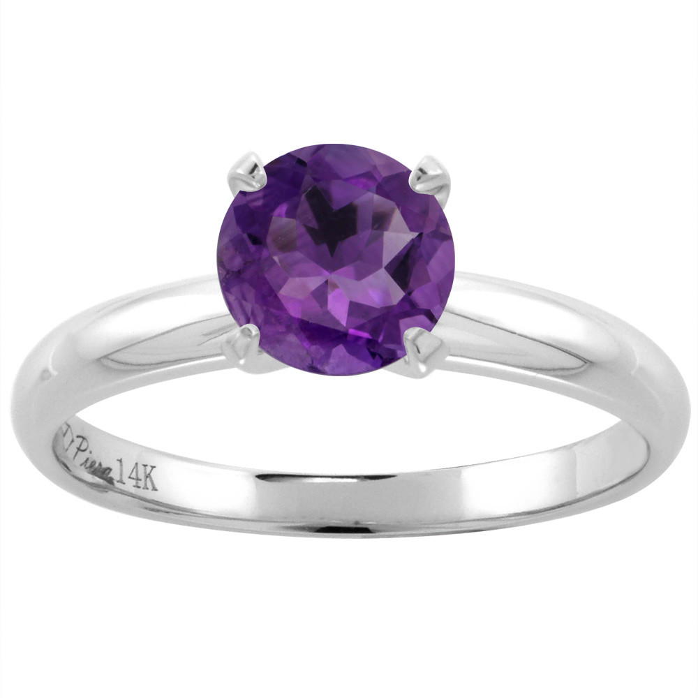14K White Gold Natural Amethyst Solitaire Engagement Ring Round 7 mm, sizes 5-10