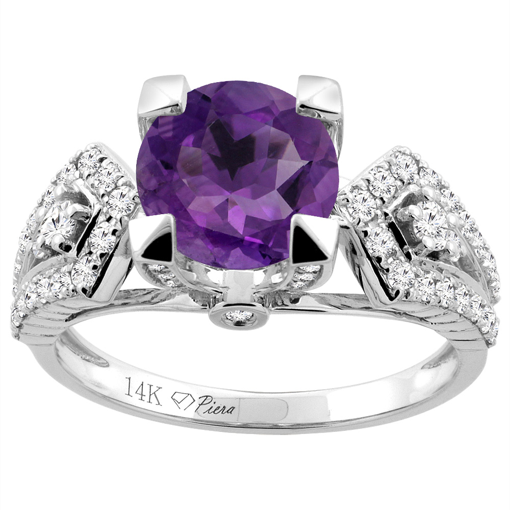 14K Gold Natural Amethyst Ring Round 7 mm Diamond Accents, sizes 5 - 10
