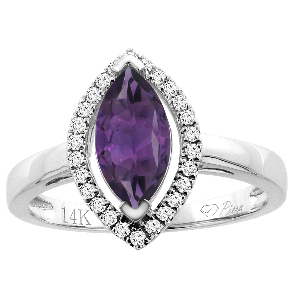 14K Gold Natural Amethyst Halo Ring Marquise 10x5 mm Diamond Accents, sizes 5 - 10