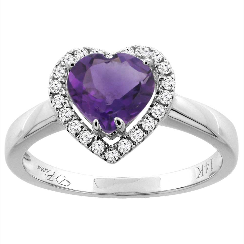 14K Gold Natural Amethyst Halo Ring Heart 7x7 mm Diamond Accents, sizes 5 - 10