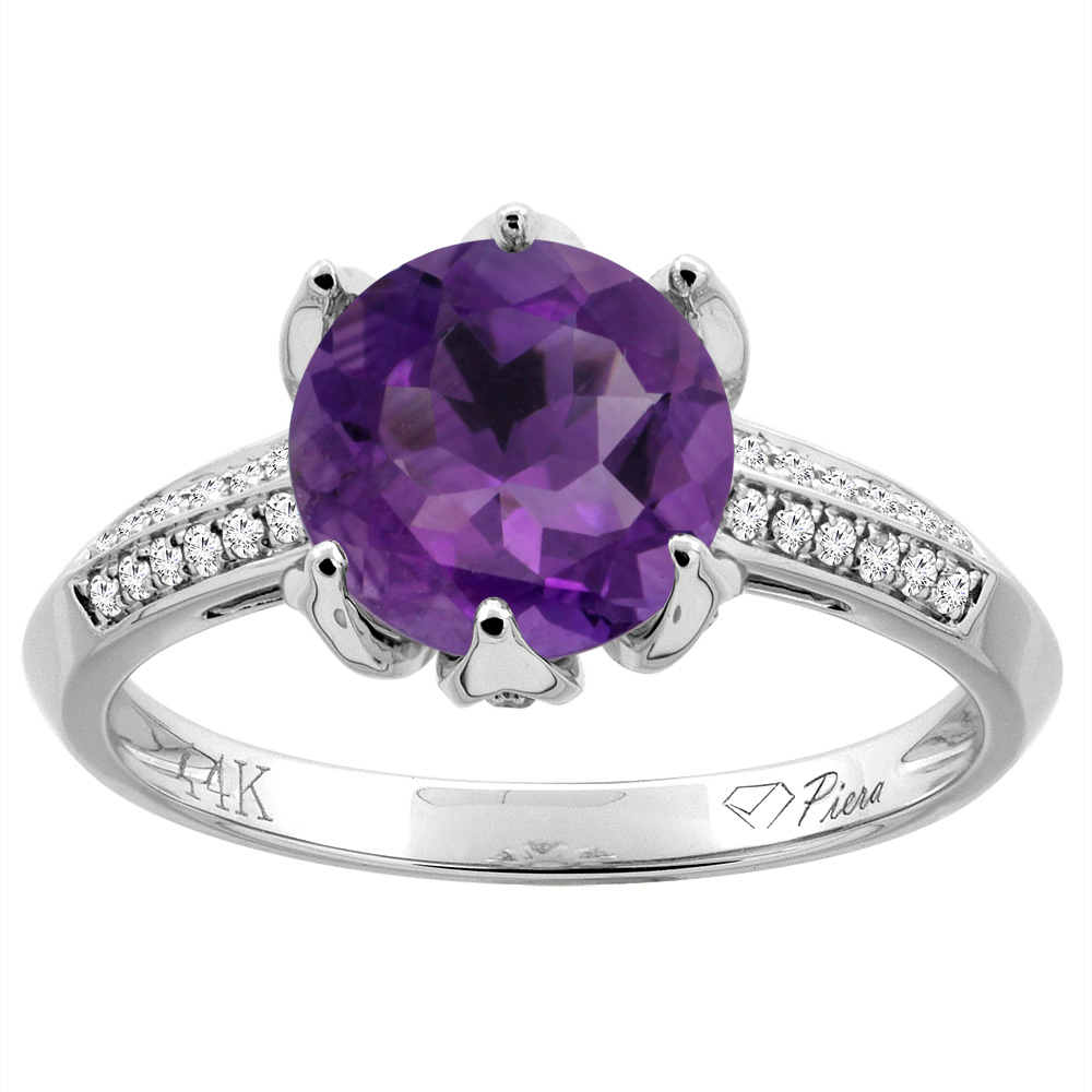 14K Gold Natural Amethyst Ring Round 8 mm Diamond Accents, sizes 5 - 10