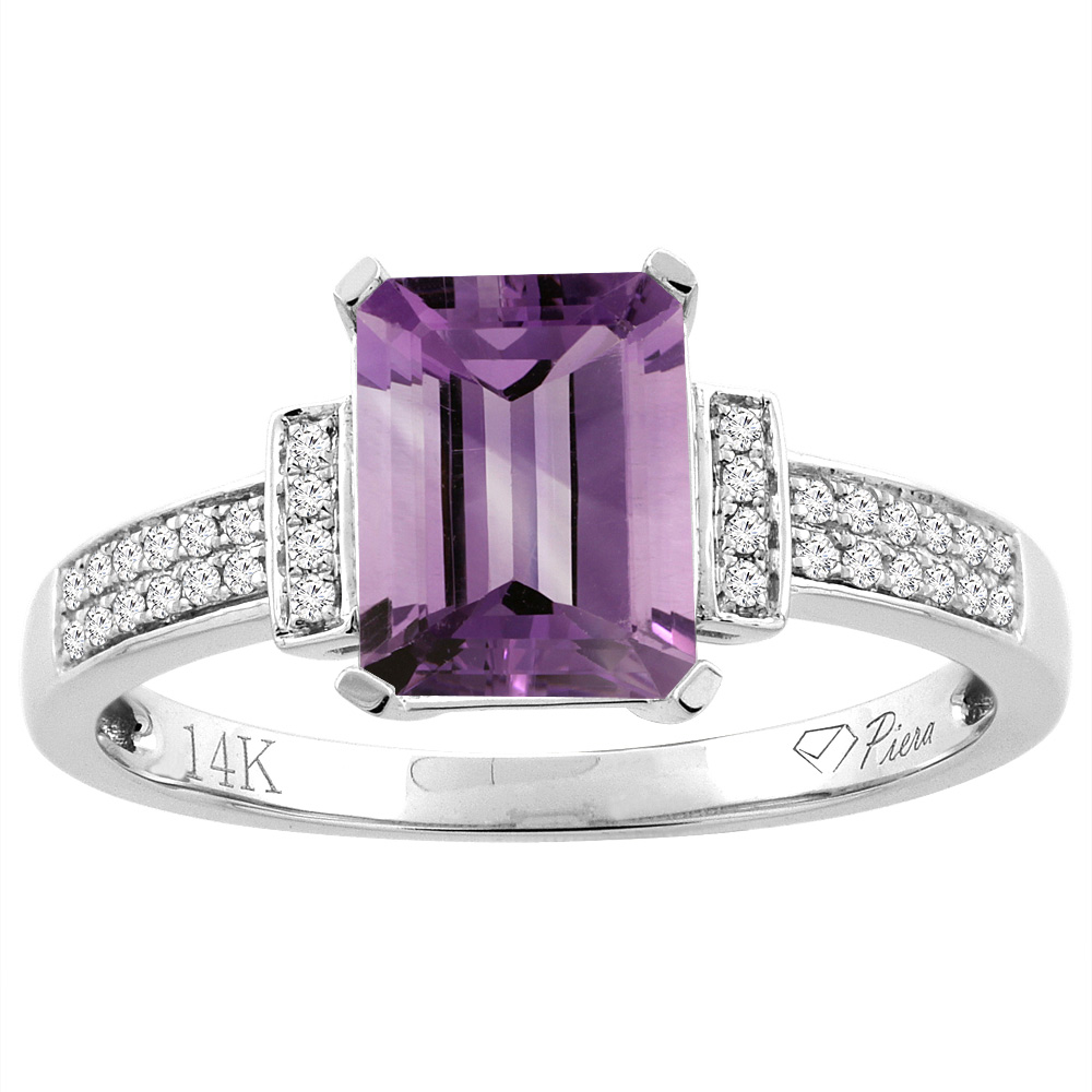 14K Gold Natural Amethyst Ring Octagon 8x6 mm Diamond Accents, sizes 5 - 10