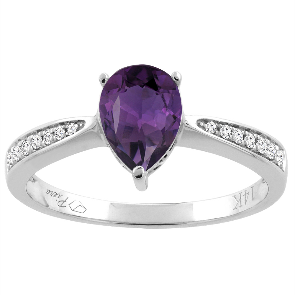 14K Gold Natural Amethyst Ring Pear Shape 8x6 mm Diamond Accents, sizes 5 - 10