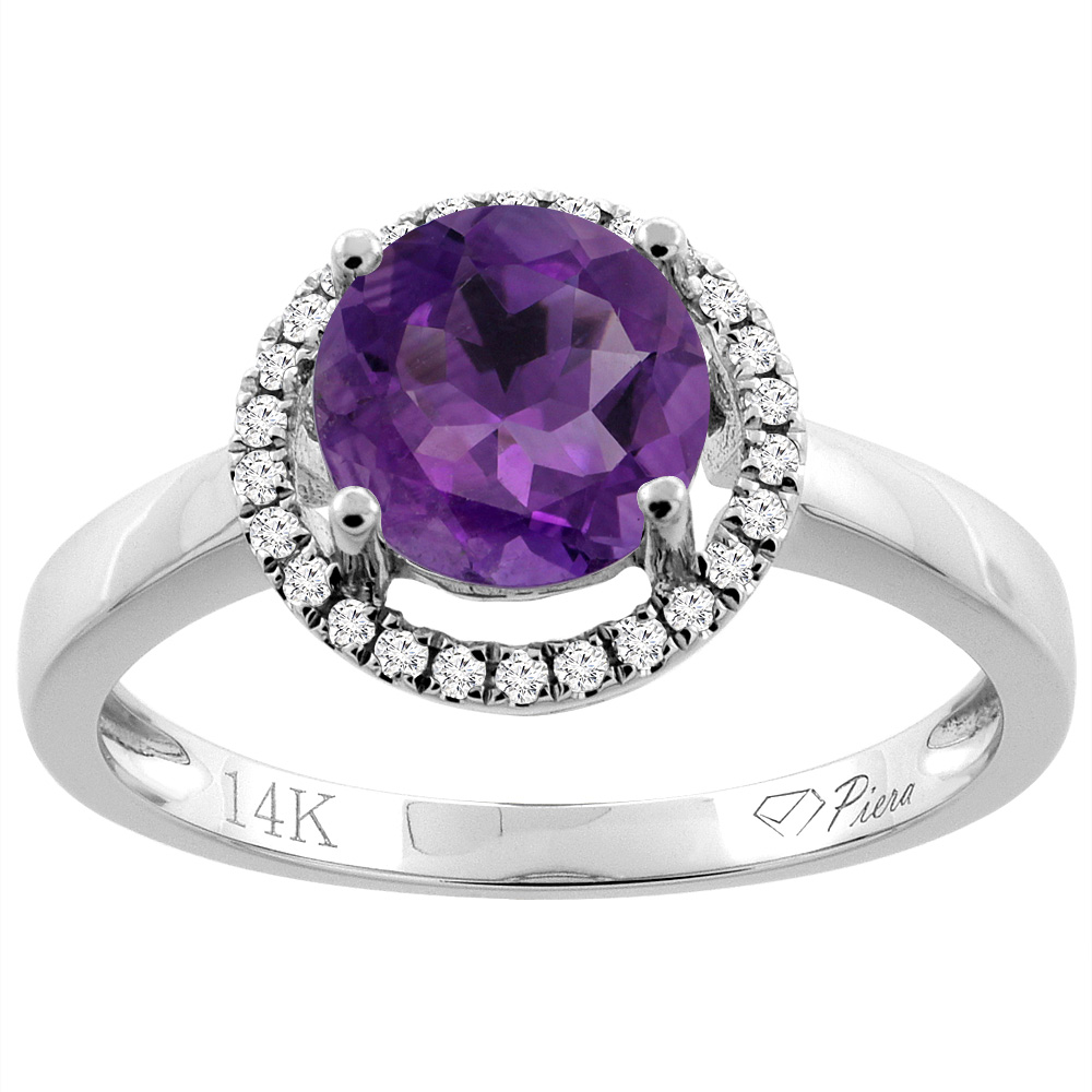 14K Gold Natural Amethyst Ring Round 7 mm Diamond Accents, sizes 5 - 10