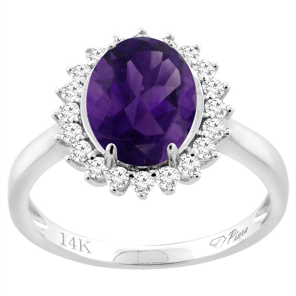 14K White Gold Diamond Natural Amethyst Engagement Ring Oval 10x8mm, sizes 5-10