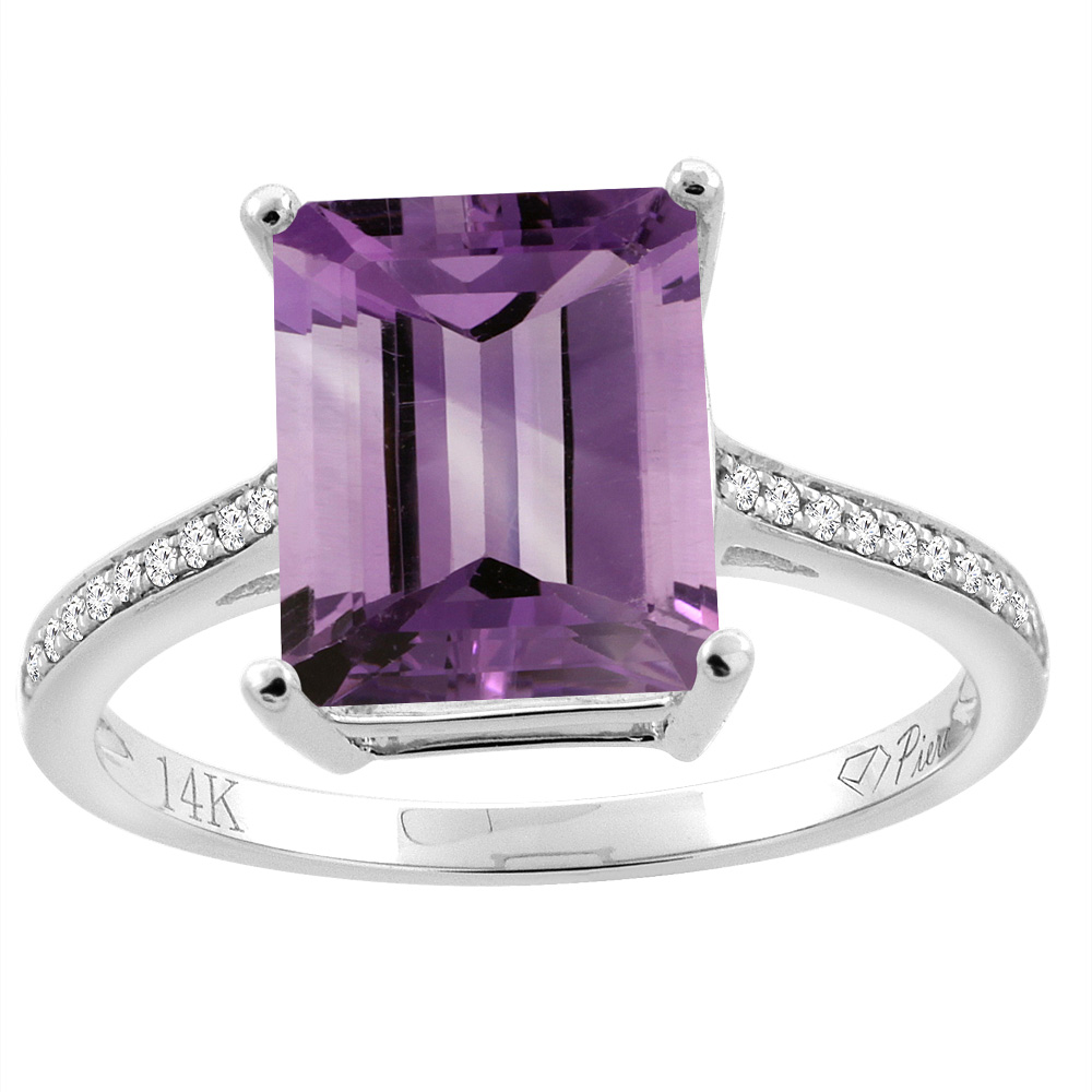 14K Gold Natural Amethyst Ring Octagon 10x8 mm Diamond Accents, sizes 5 - 10