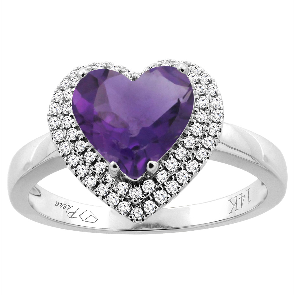 14K Gold Natural Amethyst Ring Heart Shape 8 mm Diamond Accents, sizes 5 - 10