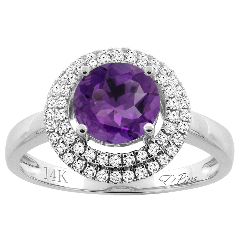 14K Gold Natural Amethyst Ring Round 7 mm Double Halo Diamond Accents, sizes 5 - 10