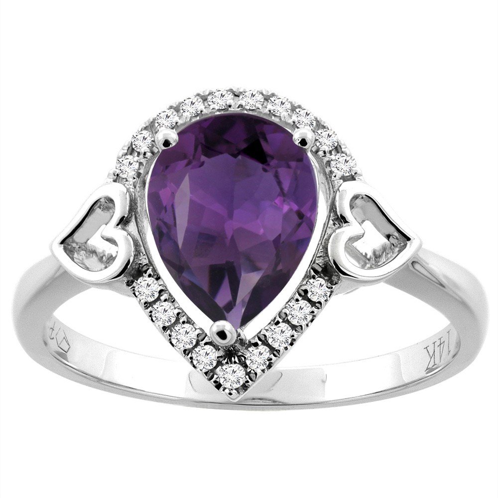 14K Gold Natural Amethyst Ring Pear Shape 9x7 mm Diamond Accents, sizes 5 - 10