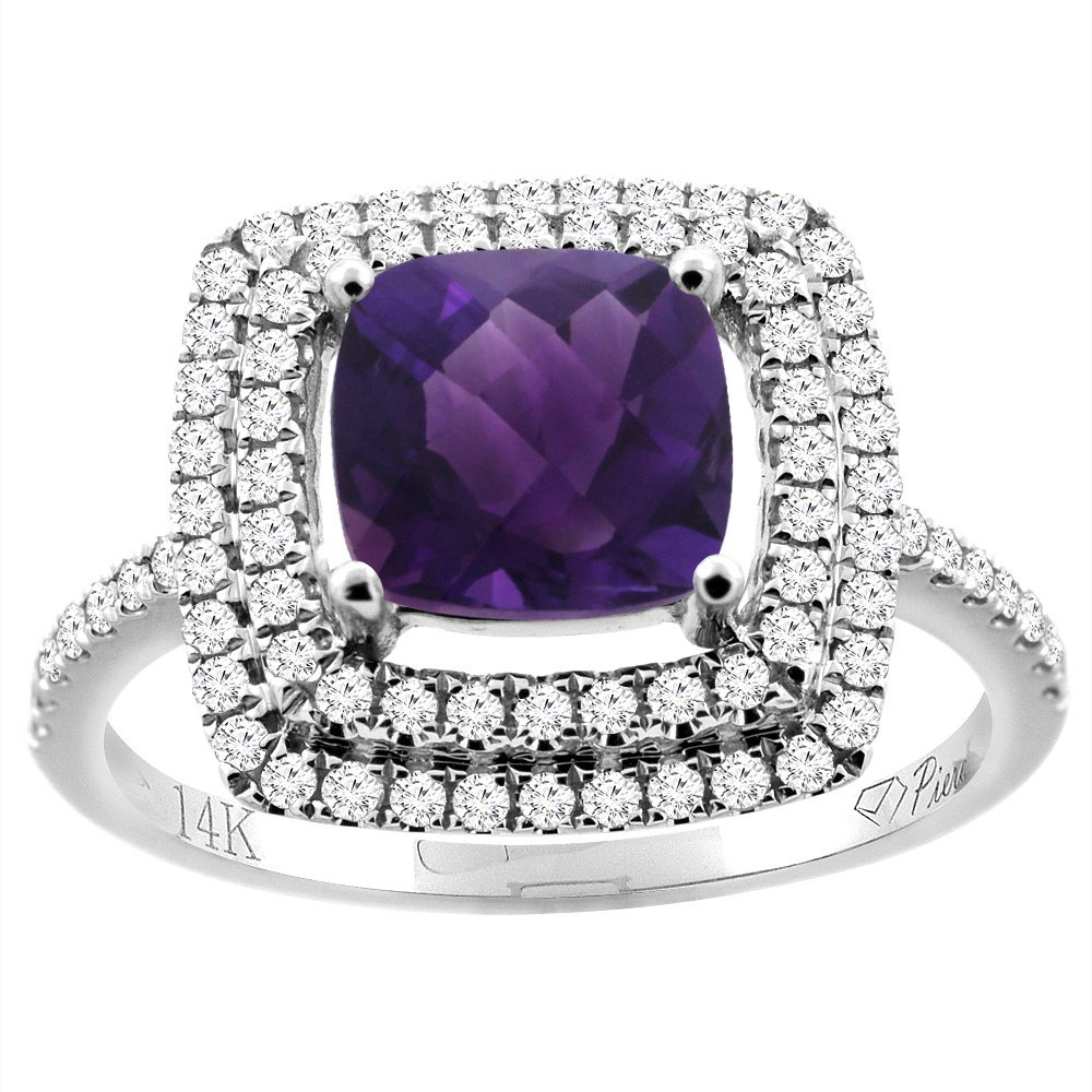 14K Gold Natural Amethyst Ring Cushion Cut 7x7 mm Double Halo Diamond Accents, sizes 5 - 10