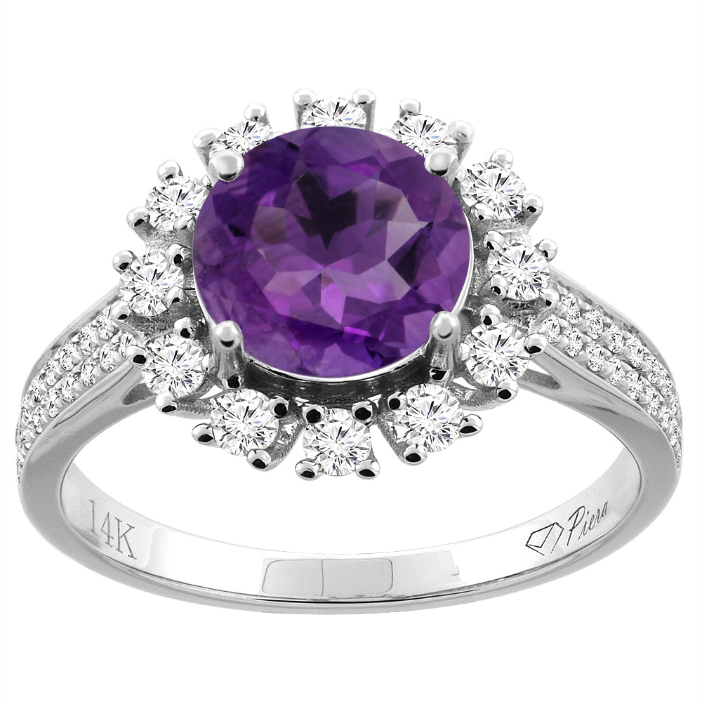 14K Gold Natural Amethyst Ring Round 8 mm Diamond Accents, sizes 5 - 10
