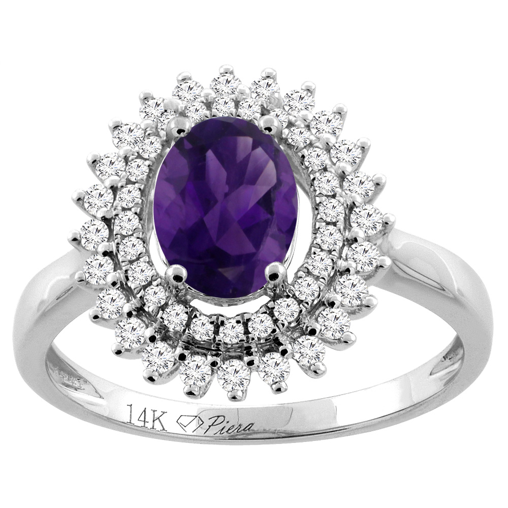14K Gold Natural Amethyst Ring Oval 8x6 mm Double Halo Diamond Accents, sizes 5 - 10