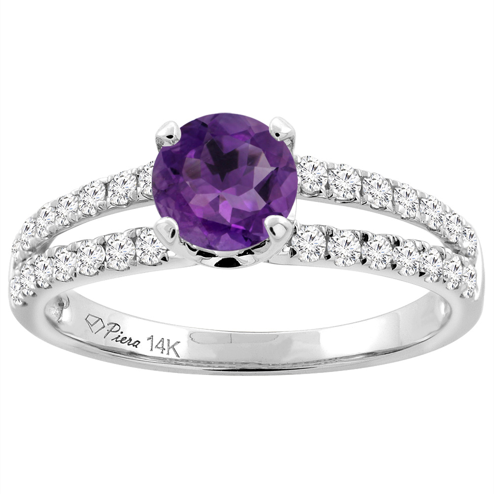 14K White Gold Natural Amethyst Engagement Ring Round 6 mm Split Shank Diamond Accents, sizes 5 - 10