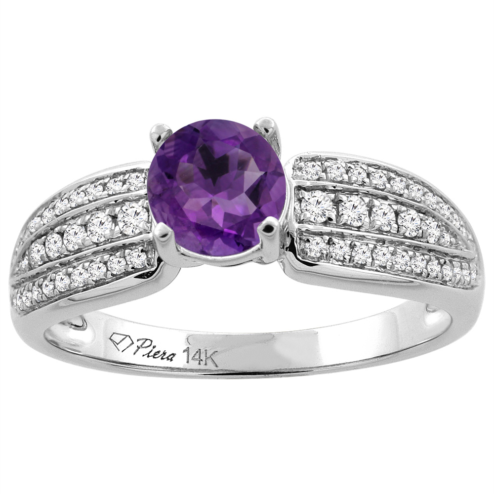 14K White Gold Natural Amethyst Engagement Ring Round 6 mm 3-row Diamond Accents, sizes 5 - 10