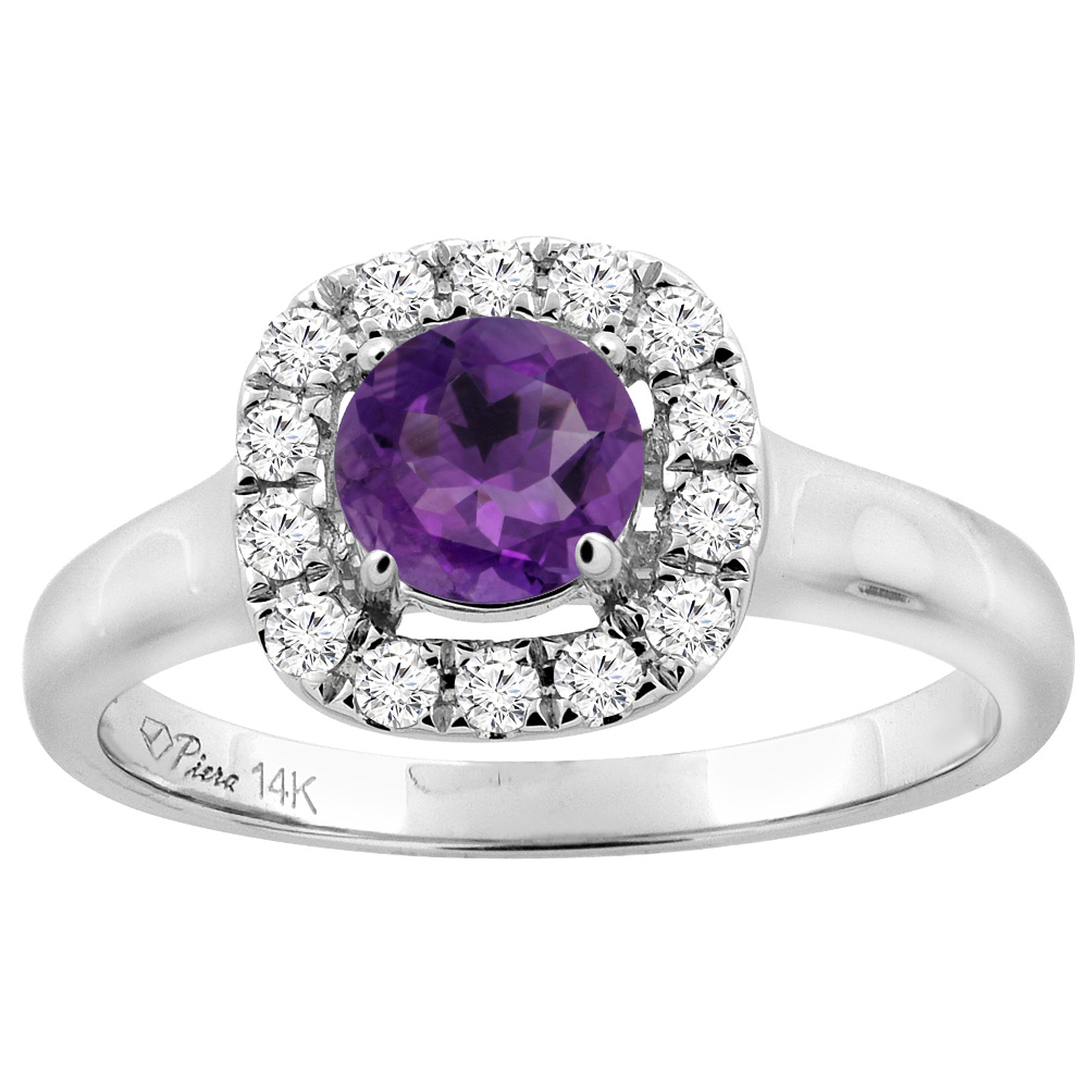 14K White Gold Natural Amethyst Halo Engagement Ring Round 6 mm Diamond Accents, sizes 5 - 10
