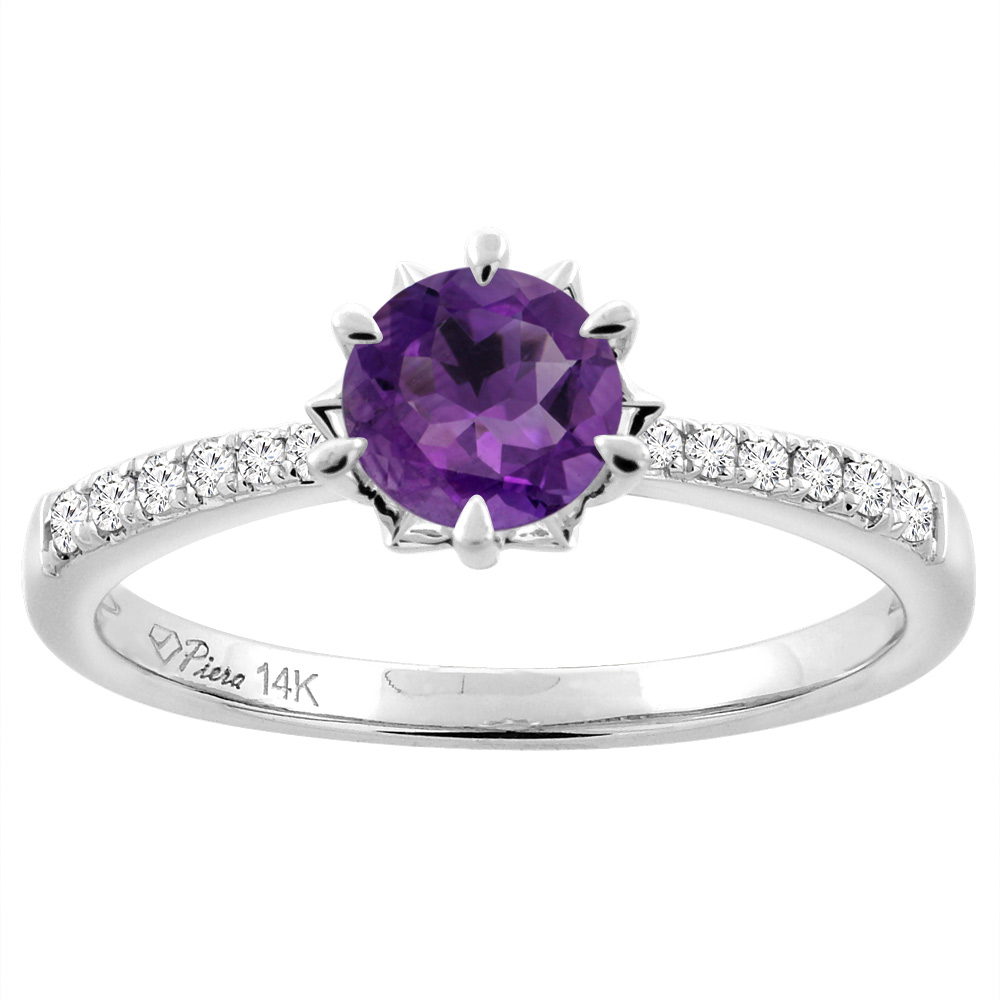 14K White Gold Natural Amethyst Engagement Ring Round 6 mm &amp; Diamond Accents, sizes 5 - 10