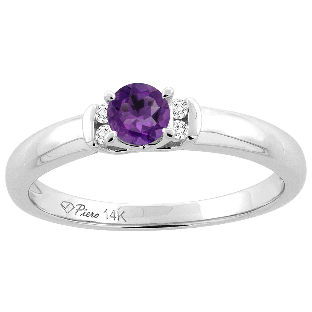14K White Gold Natural Amethyst Engagement Ring Round 4 mm & Diamond Accents, sizes 5 - 10