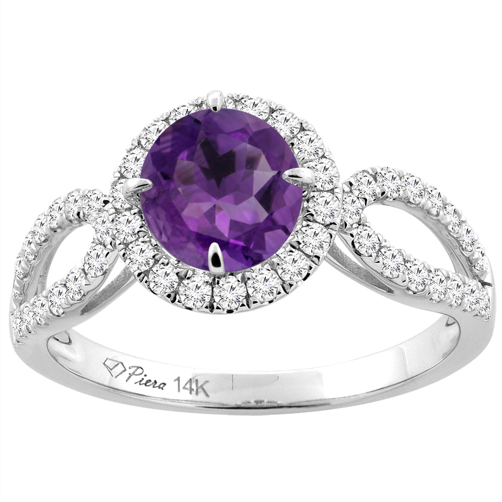 14K White Gold Natural Amethyst Engagement Halo Ring Round 6 mm &amp; Diamond Accents, sizes 5 - 10