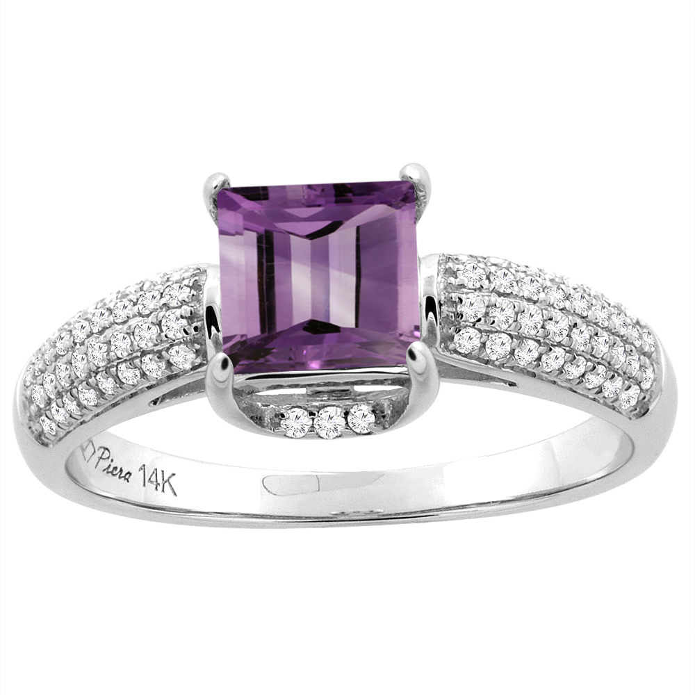 14K White Gold Natural Amethyst Engagement Ring Princess Cut 6 mm &amp; Diamond Accents, sizes 5 - 10
