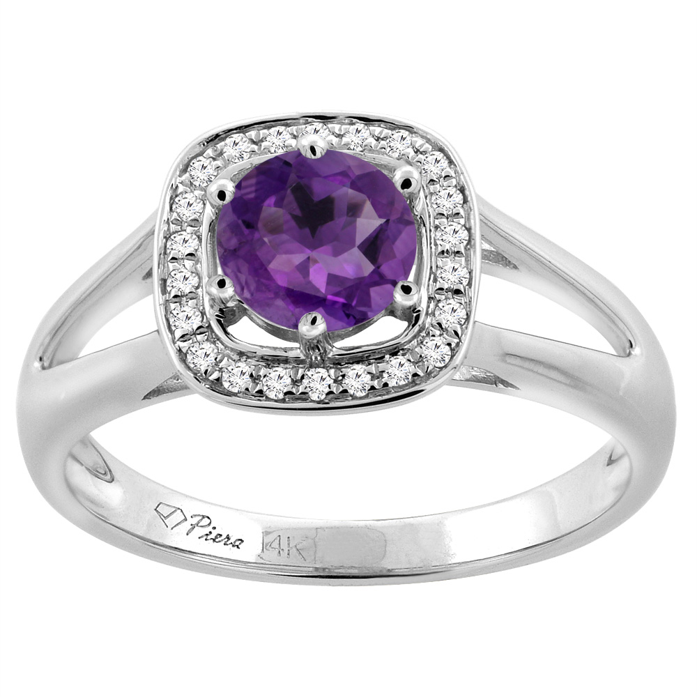 14K White Gold Natural Amethyst Engagement Halo Ring Round 6 mm &amp; Diamond Accents, sizes 5 - 10