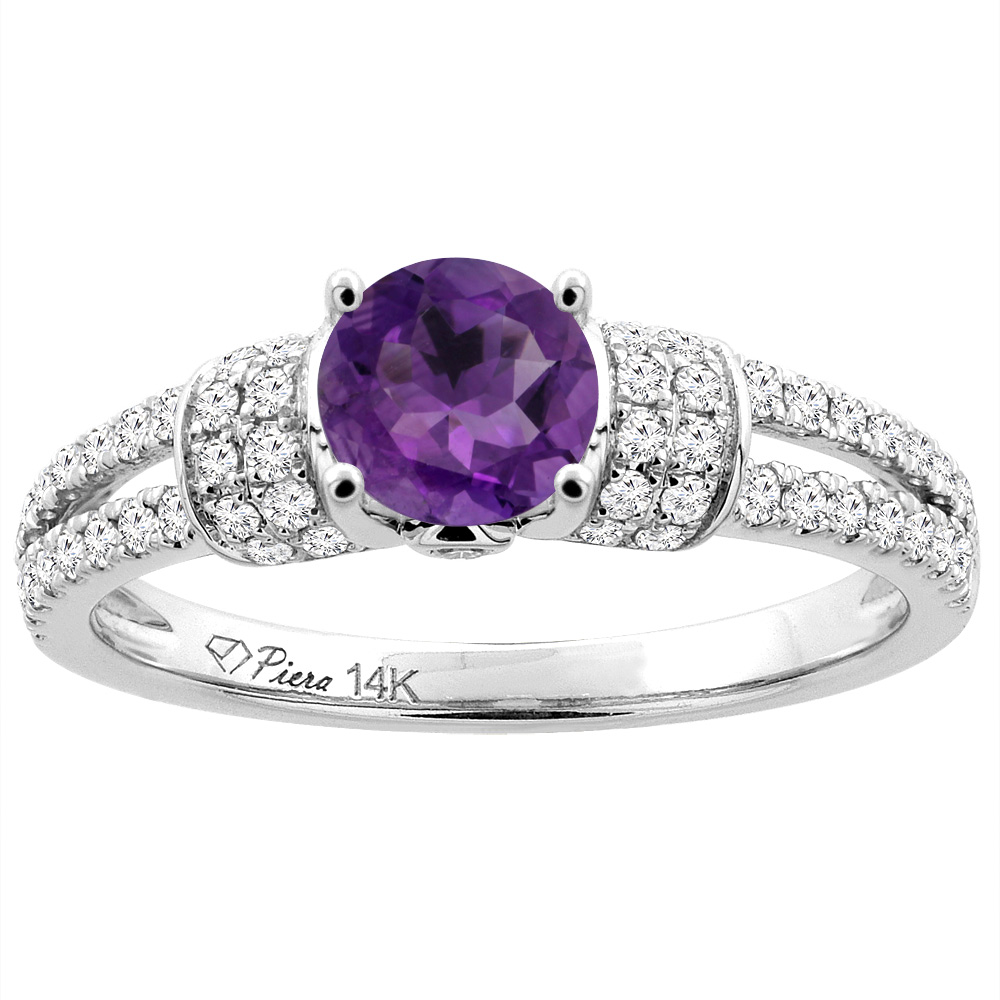 14K White Gold Natural Amethyst Engagement Ring Round 6 mm &amp; Diamond Accents, sizes 5 - 10
