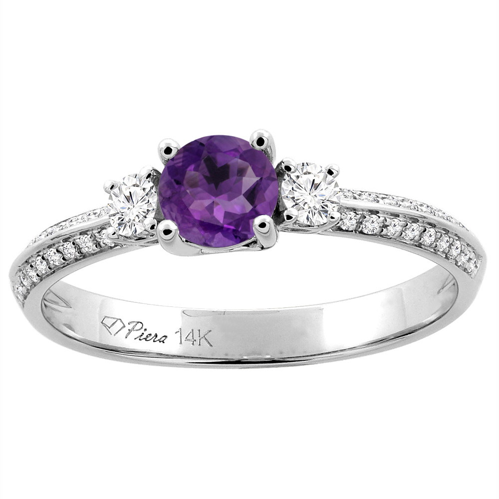 14K White Gold Natural Amethyst Engagement Ring Round 5 mm & Diamond Accents, sizes 5 - 10