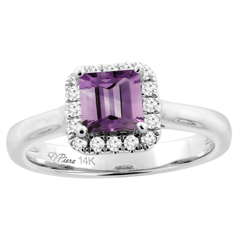 14K White Gold Natural Amethyst Halo Engagement Ring Square 5 mm &amp; Diamond Accents, sizes 5 - 10
