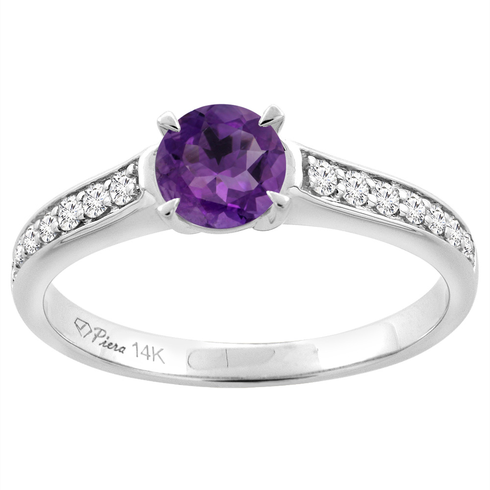 14K White Gold Natural Amethyst Engagement Ring Round 6 mm & Diamond Accents, sizes 5 - 10