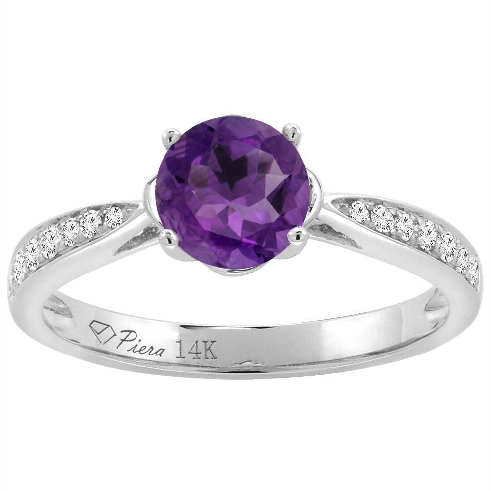 14K Yellow Gold Diamond Natural Amethyst Engagement Ring Round 7 mm, sizes 5-10