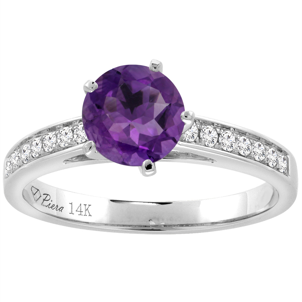 14K White Gold Diamond Natural Amethyst Engagement Ring Round 7 mm, sizes 5-10