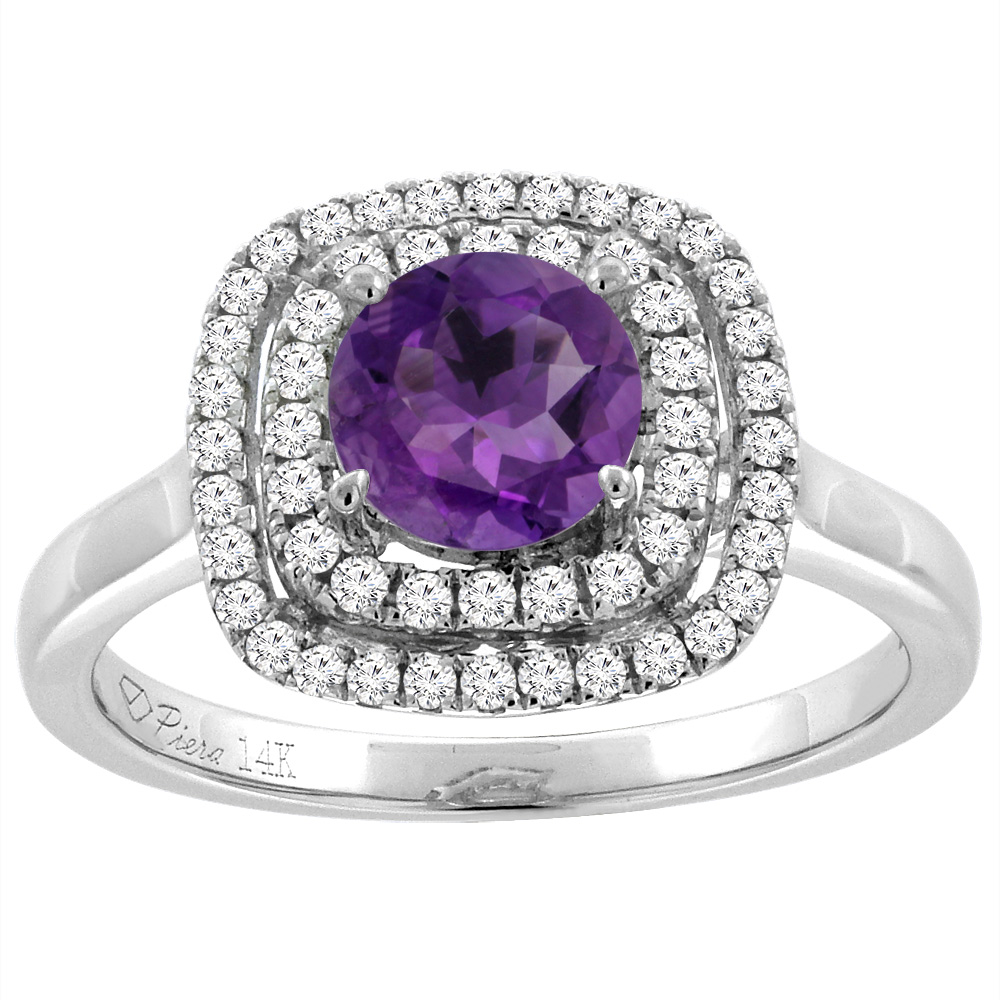 14K White Gold Natural Amethyst Double Halo Diamond Engagement Ring Round 7 mm, sizes 5-10